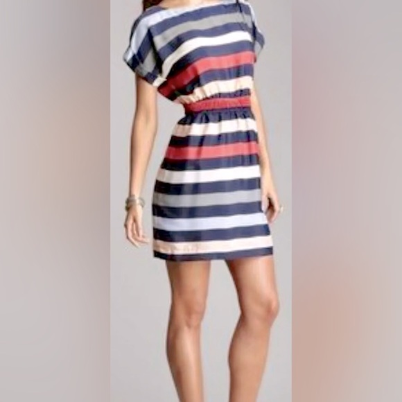 BCBGeneration Color Block Stripe Batwing Sleeves Smocked Waist Silk Mini Dress. - Picture 4 of 7